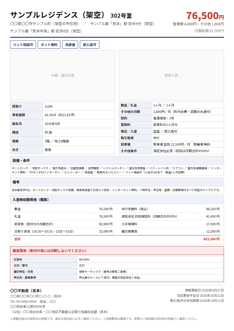 業者間用の募集図面の例